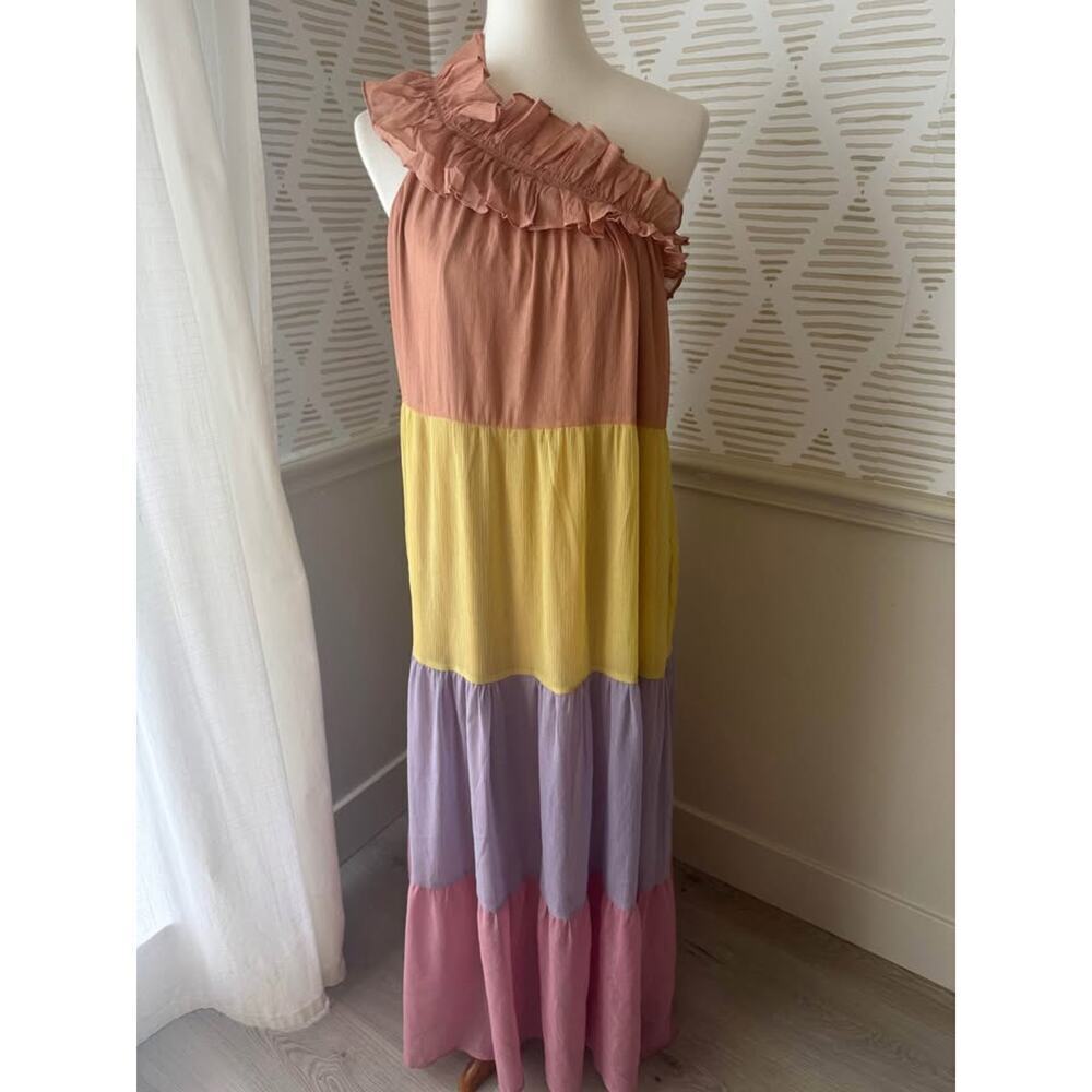 entro One-Shoulder Tiered Maxi Dress in Peach, Yellow, Lavender, and Dusty Rose